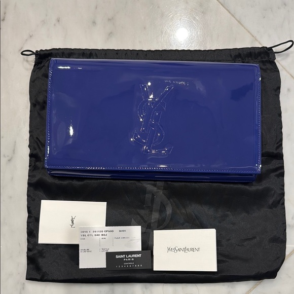 💯 Authentic Saint Laurent Blue Patent Leather Clutch - Picture 1 of 8